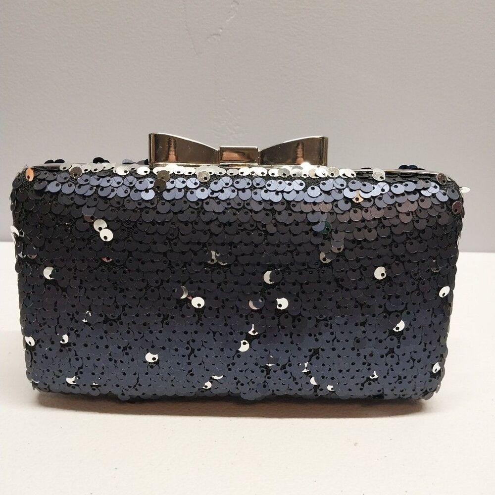 Vintage Sequin Evening Clutch Navy Blue Gold Bow Frame Chain Strap Purse Bag